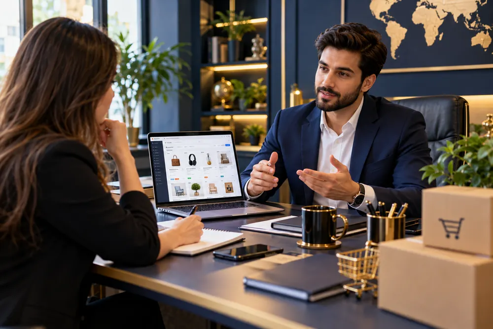 Illustrative business consultation about an ecommerce marketplace shown on a laptop